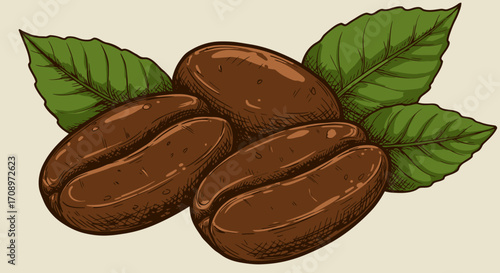 An illustrated vector graphic showcases three roasted coffee beans with green leaves, perfect for cafe branding, coffee shop promotions, or designs related to the beverage.