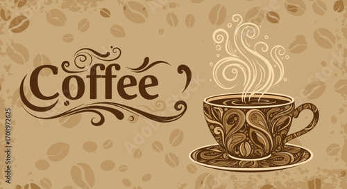 High-quality vector PNG image of a steaming coffee cup adorned with intricate patterns, surrounded by coffee beans, perfect for cafe menus or coffee packaging design.