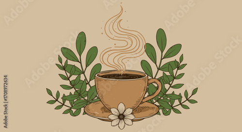 A steaming cup of coffee sits on a saucer adorned with leaves and a flower, a vector PNG illustration perfect for cafe menus or coffee packaging designs.
