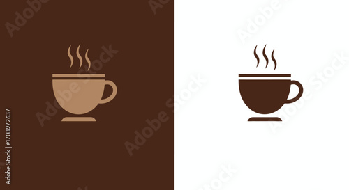A simple vector illustration presents a steaming coffee cup icon, perfect for cafe branding, logos, or designs, available in both light and dark background variations.