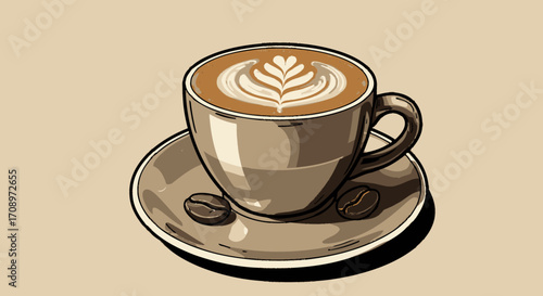 A beautifully illustrated vector graphic of a steaming cup of coffee with intricate latte art and two coffee beans on a saucer, perfect for cafe branding.