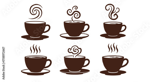 Collection of six stylized vector illustrations of steaming coffee cups and saucers, presented in a clean PNG format for easy use.