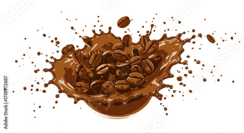 A dynamic vector illustration captures roasted coffee beans falling into a rich brown liquid splash, creating an energetic and aromatic visual on a clean background.