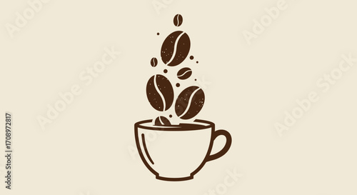 A minimalist vector illustration showcasing several dark roasted coffee beans gracefully falling into a classic ceramic cup, set against a light background.