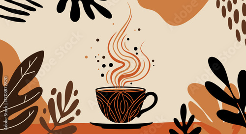 High-quality vector PNG illustration of a steaming cup of coffee, adorned with intricate patterns, set against a background of stylized leaves and organic shapes, ideal for cafe menus or