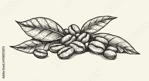A beautifully detailed vintage hand-drawn illustration featuring a cluster of raw coffee beans nestled among fresh green leaves, perfect for rustic designs.