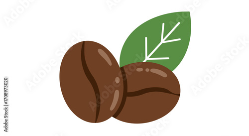 A simple vector illustration of two brown coffee beans with a green leaf, perfect for food and beverage related designs.