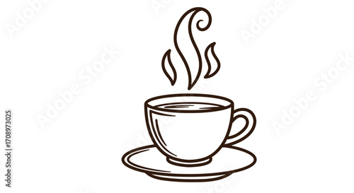 A vector illustration of a steaming coffee cup on a saucer, perfect for cafe menus, branding, or designs needing a warm, inviting graphic element.