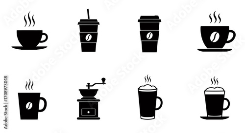 Collection of simple black and white vector icons representing coffee cups, to-go cups, and a coffee grinder, perfect for cafe menus or branding.