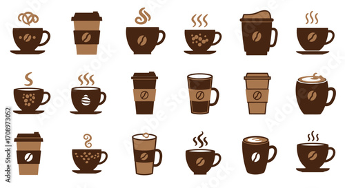 High-quality vector PNG icons of coffee cups and beans, perfect for branding, websites, and mobile apps.  These versatile images are ideal for cafes, coffee shops, and businesses in the food and