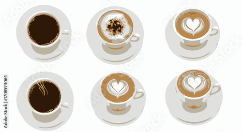 A vector illustration showcases various coffee beverages in white cups, including black coffee and latte art, presented in a clean, minimalist style.