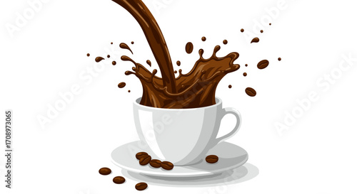 A dynamic vector illustration shows dark coffee pouring into a white cup, creating a splash, with roasted beans scattered on the saucer.