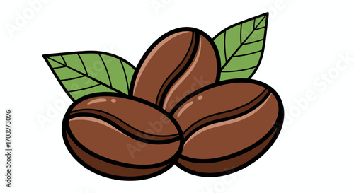 A vibrant vector illustration showcases three roasted coffee beans, accompanied by green leaves, perfect for cafe branding or beverage-related design projects against a clean white backdrop.
