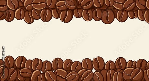 A vibrant cartoon vector illustration features a decorative border of roasted coffee beans, perfect for a warm beverage-themed background or banner design.