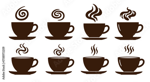 A vector illustration showcases a collection of coffee cup designs, each emitting stylized steam, perfect for cafe branding and creative design projects.