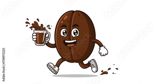 A cheerful cartoon coffee bean character runs energetically while holding a splashing cup of freshly brewed hot coffee, presented as a vibrant vector illustration.