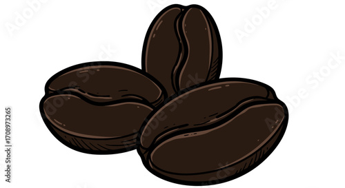 A close-up vector illustration of three dark roasted coffee beans with a subtle shadow, perfect for food and beverage designs.
