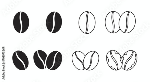 A diverse collection of vector coffee bean illustrations, showcasing solid black silhouettes and intricate outlines, isolated for versatile graphic design projects.