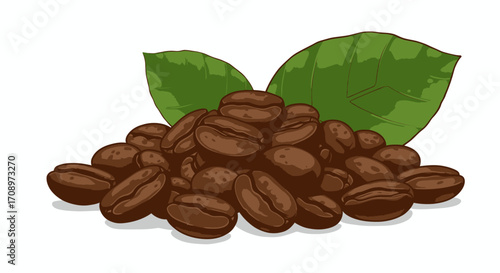 A pile of roasted coffee beans with green leaves, presented as a clean vector graphic illustration perfect for food and beverage designs.