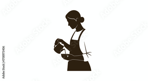 A minimalist vector silhouette depicts a skilled barista meticulously pouring a beverage, symbolizing the art of coffee preparation in a modern cafe setting.