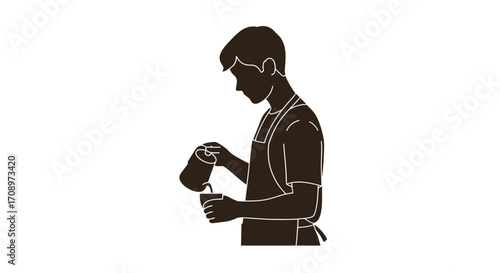 A barista expertly pours steamed milk into a cup of coffee, creating a silhouette against a clean white background, perfect for cafe branding and promotional materials.