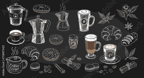 A collection of coffee-related items, including coffee beans, cups, donuts, and pastries, presented in a vector format suitable for various design applications.