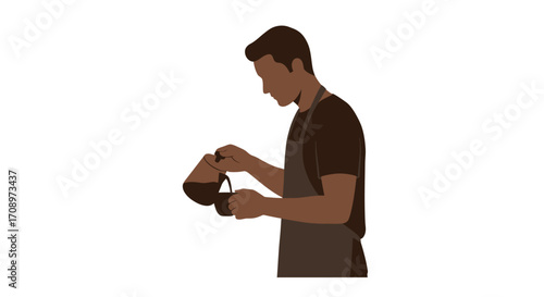 Skilled barista carefully pours hot coffee from a pot into a cup, showcasing the art of coffee preparation in a clean, modern style.