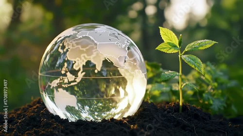 Crystal Globe Resting Near Sprout on Rich Brown Soil with Green Foliage and Warm Sunset Light