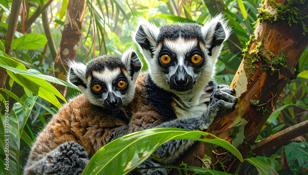 Naklejka premium Two lemurs in a lush jungle