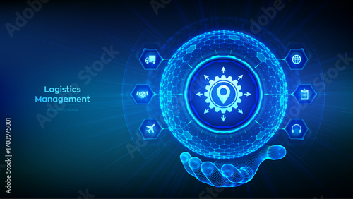 Logistics management. Smart logistics, transportation technology concept. Logistic global network distribution. 3D Sphere with a hexagonal surface in wireframe hand. Vector illustration.