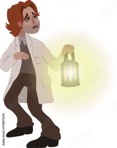 Man in white doctor long coat with lantern looking scared 