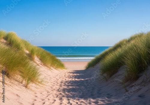 Wallpaper Mural Path through sand dunes covered in grass leading to a tranquil beach and ocean Torontodigital.ca