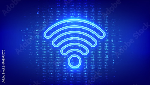 Wi-Fi network icon. Wi Fi sign made with binary code. Wlan access, wireless hotspot signal symbol. Mobile connection zone. Data transfer. Router or mobile transmission. Vector illustration.