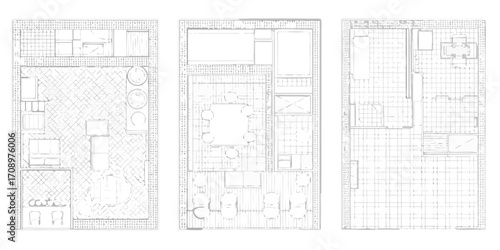 Architectural floor plan drawings of three rooms with furniture layouts and kitchen details