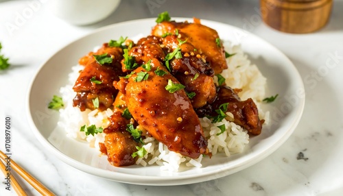 Plate of honey garlic chicken over rice, garnished with parsley
