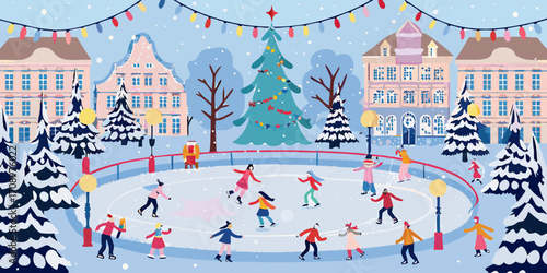 Charming winter ice skating scene in a snowy european town square with festive lights and a christmas tree