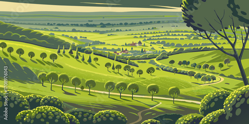 Stylized illustration of rolling green hills with a village nestled in the valley under a dramatic sky