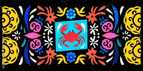 Vibrant abstract border design with a central red crab on a blue square surrounded by colorful floral and organic shapes