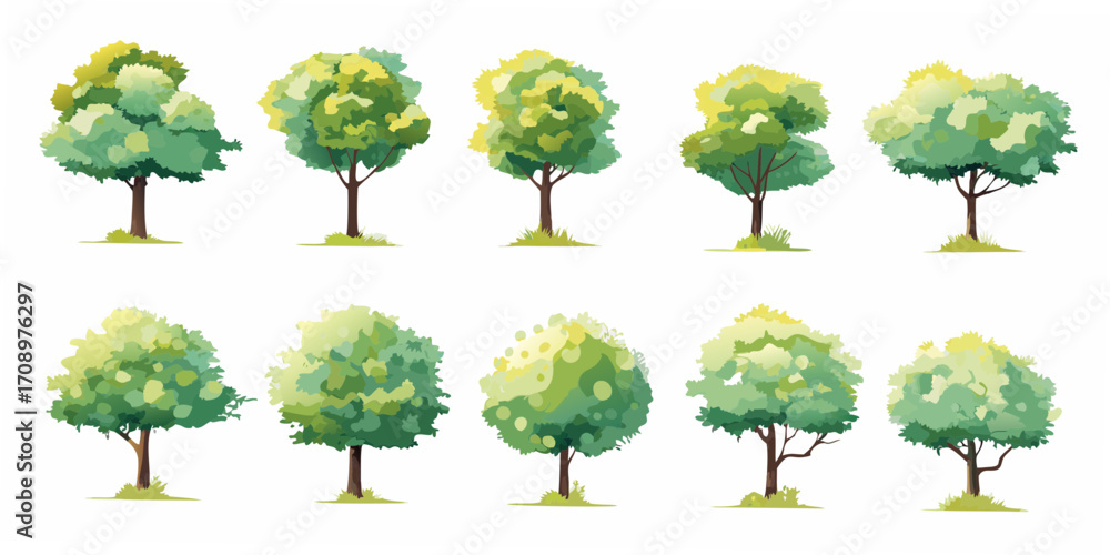 Fototapeta premium Collection of ten stylized green trees with yellow highlights and brown trunks on white background