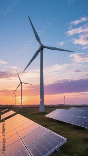 Expansive field with modern wind turbines and solar panels working together under a breathtaking, vibrant sunset sky, symbolizing a sustainable future and clean energy production.