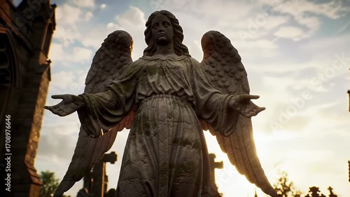 Stone Angel Statue Wings Spread Wide In Graveyard Against Warm Sky With Gothic Architecture Tombstones