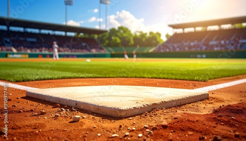 Baseball diamond's home plate under sunny stadium sky