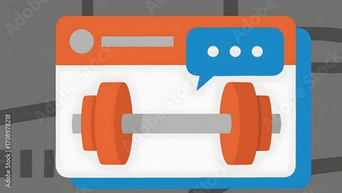 Illustration of a web browser with a barbell and speech bubble, symbolizing strength training communication or online fitness discussions.