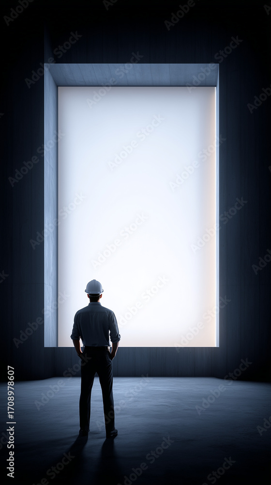 Fototapeta premium Silhouette of engineer in helmet standing before large illuminated frame, industrial concept 