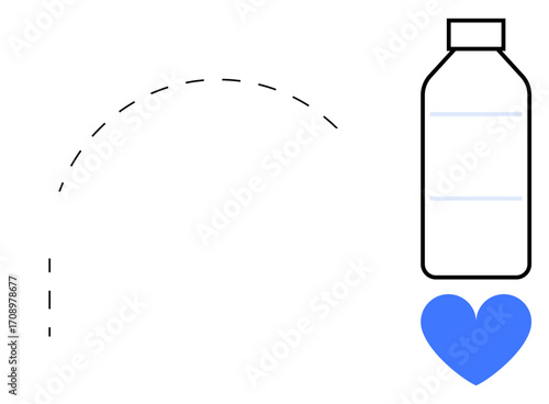 Plastic bottle outline next to blue heart with dashed curve suggesting motion, recycling, or hydration. Ideal for sustainability, health, recycling, eco-awareness, hydration, love for nature simple