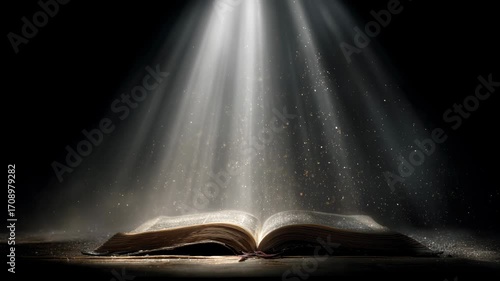 An open bible enveloped covered with shining light and bright sacred aura concept.