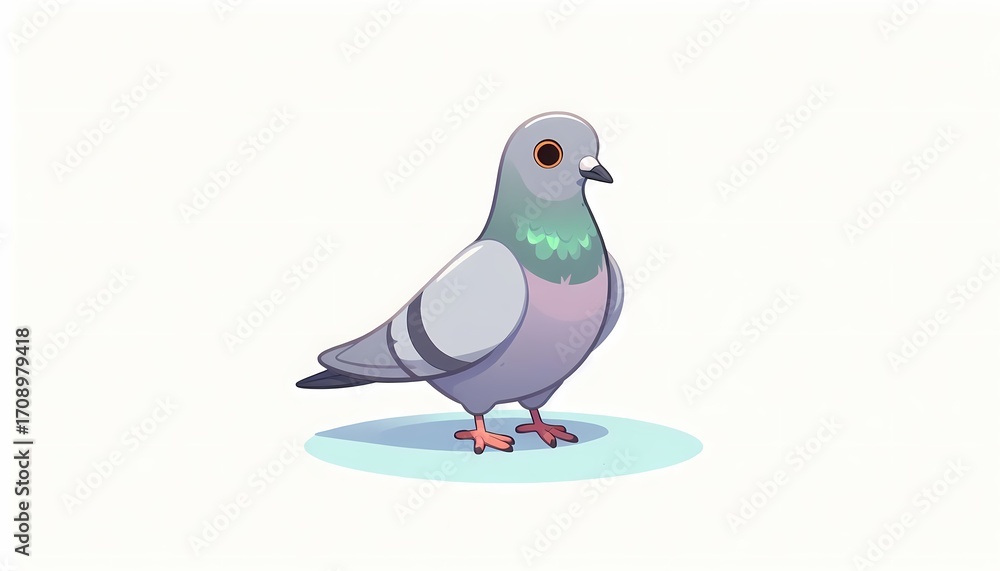 Fototapeta premium Cute cartoon pigeon with iridescent neck feathers isolated on white background