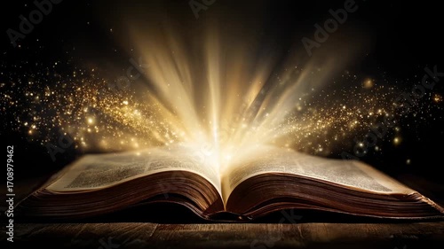 An open bible enveloped filled with heavenly light and shining spiritual aura concept.