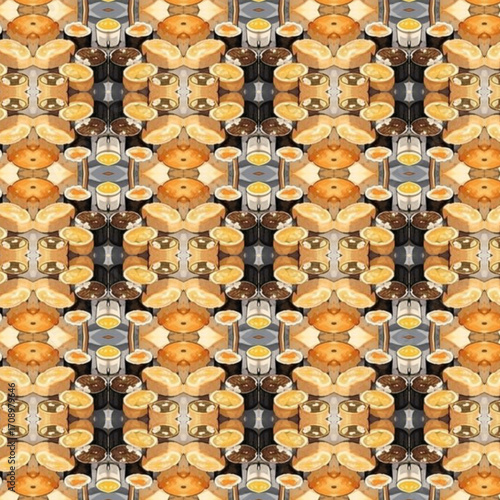 Kaleidoscope food-inspired pattern in warm tones with circular forms resembling bread and pastries, creating a unique geometric background.