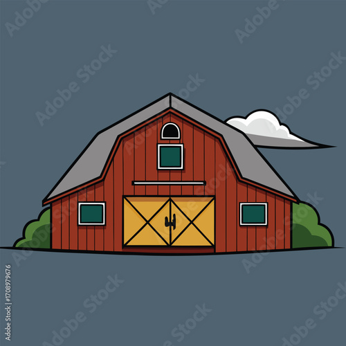 A vibrant cartoon red barn with a door and several windows, set against a simple background.